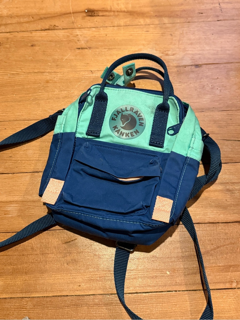 Fjallraven Kanken Mini Backpack in Mint Green and Navy